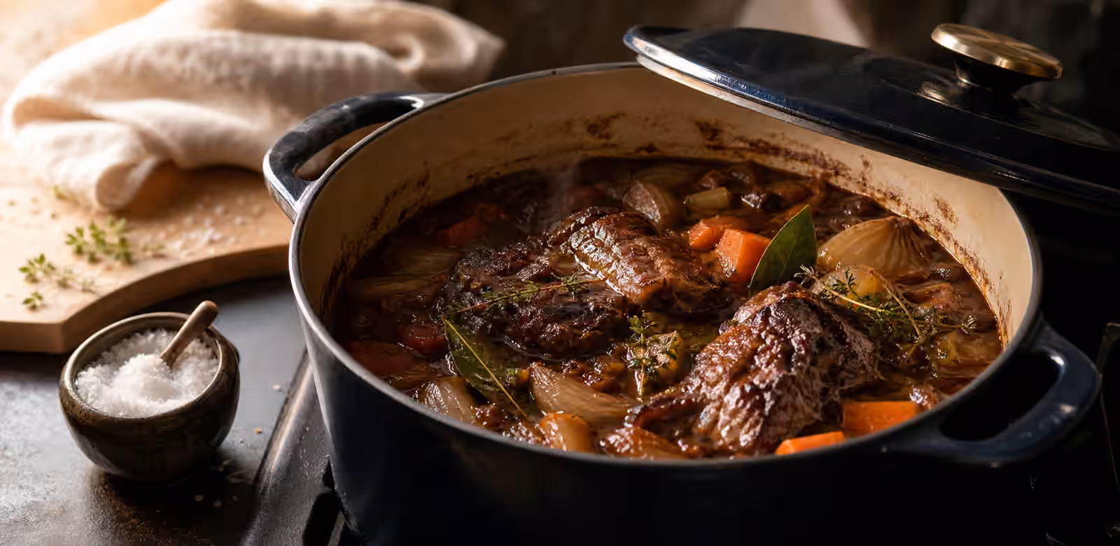 A heavy pot of braised meat, vegetables, herbs, and cooking liquid beside a salt cellar.