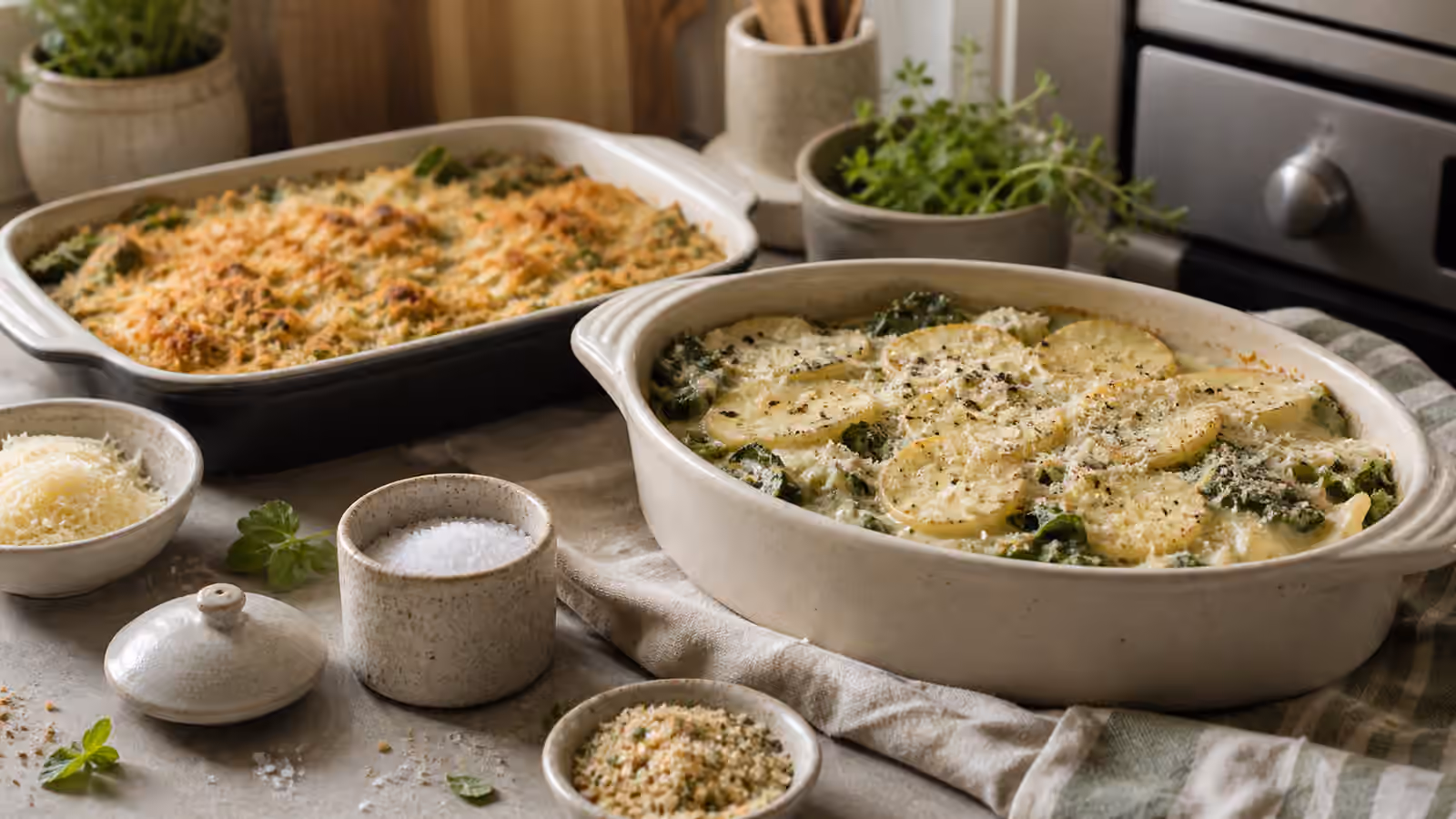 Savory casseroles and gratins with cheese, breadcrumbs, herbs, and a ceramic salt cellar.