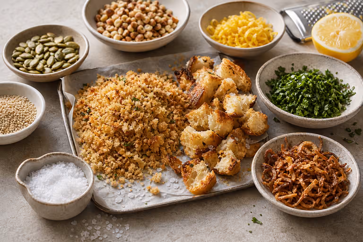 Toasted breadcrumbs, croutons, seeds, nuts, fried shallots, herbs, lemon zest, and a small salt cellar.