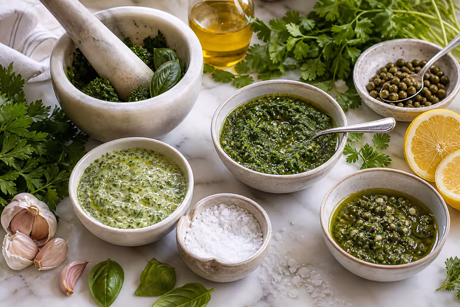 Bowls of green herb sauces with a mortar, basil, parsley, capers, lemon, garlic, olive oil, and salt.
