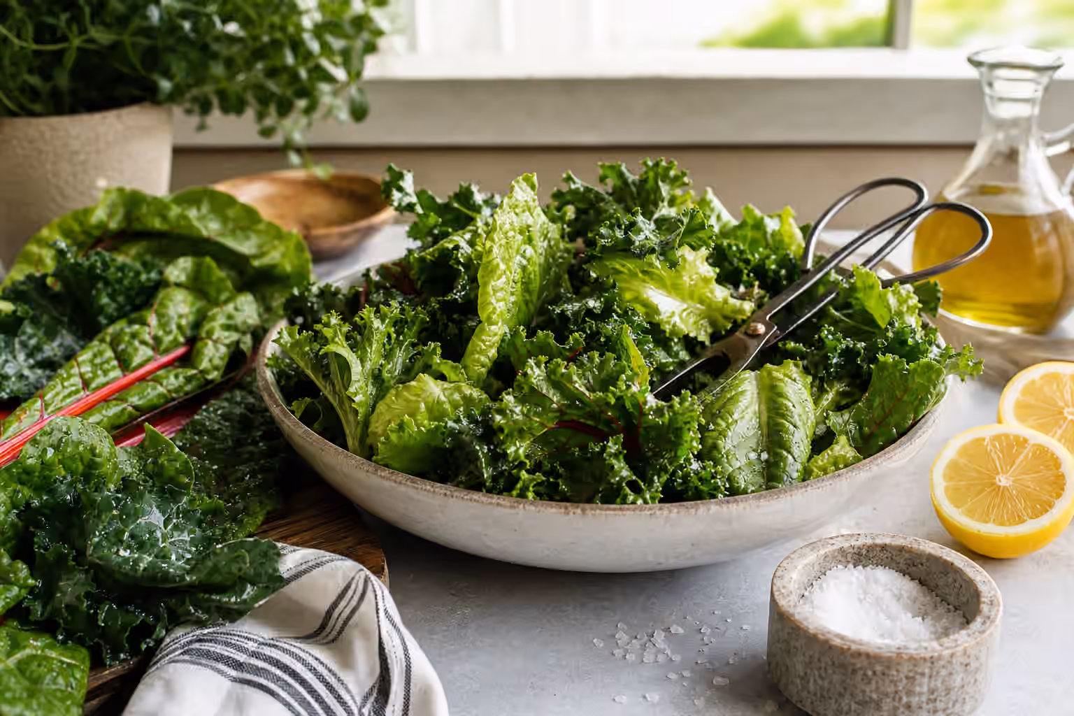 A bowl of leafy greens being seasoned beside lemon, olive oil, and a small salt cellar.