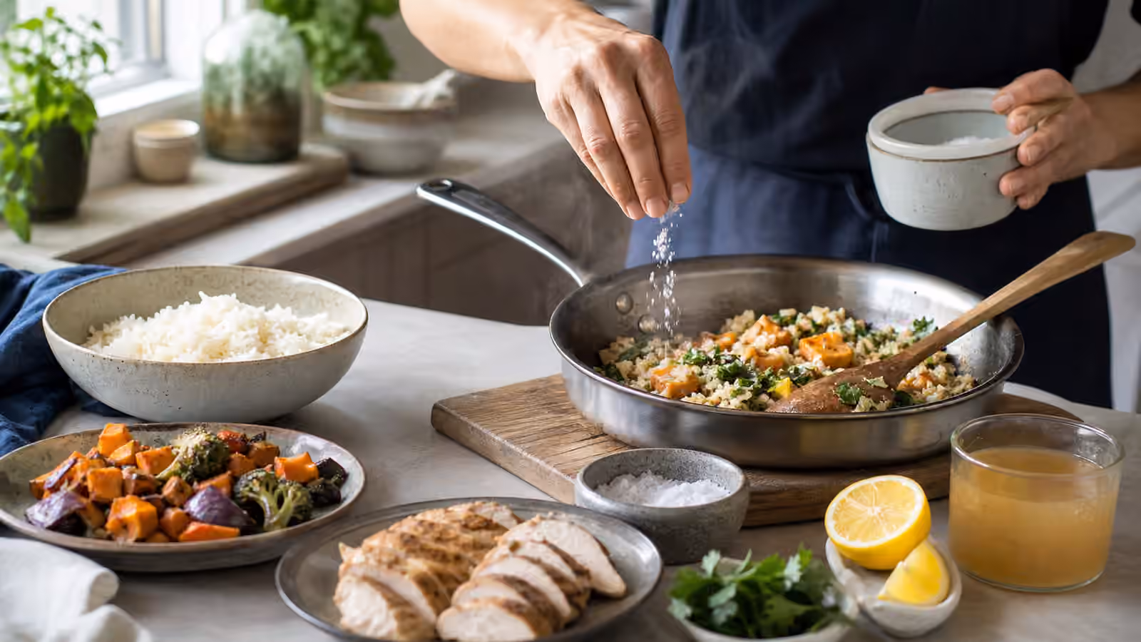 Leftover rice, roasted vegetables, sliced chicken, broth, lemon, herbs, a skillet, and a small salt cellar on a kitchen counter.