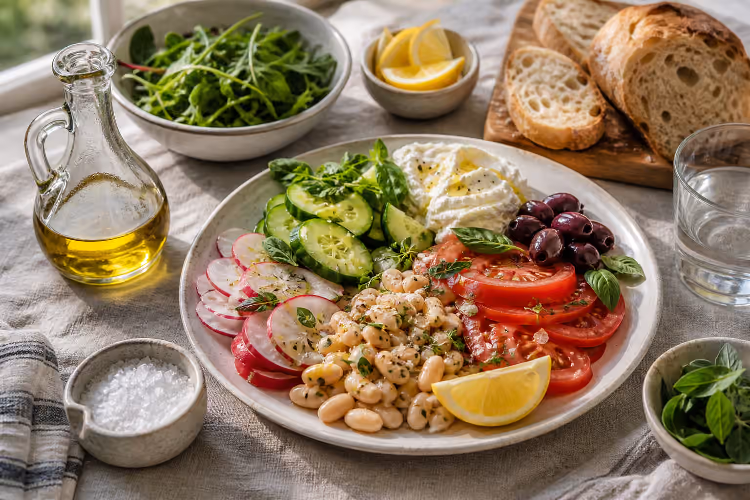 A no-cook plate with tomatoes, cucumbers, radishes, white beans, cheese, olives, bread, herbs, lemon, and salt.