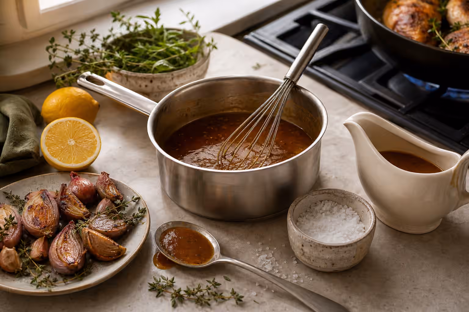 A saucepan of pan sauce with a whisk, herbs, lemon, a gravy boat, and a small salt cellar.