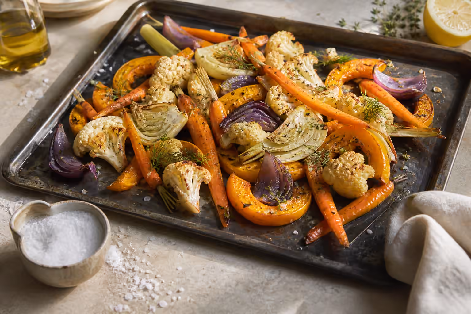 A tray of roasted carrots, cauliflower, squash, fennel, and onions beside a small salt cellar.