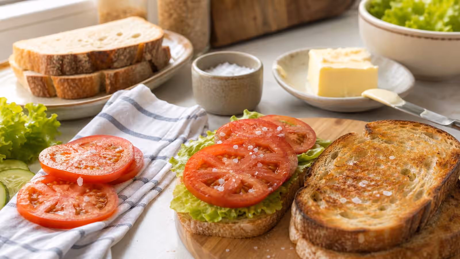 Tomato slices, buttered toast, lettuce, sliced bread, and a small salt cellar on a bright kitchen counter.