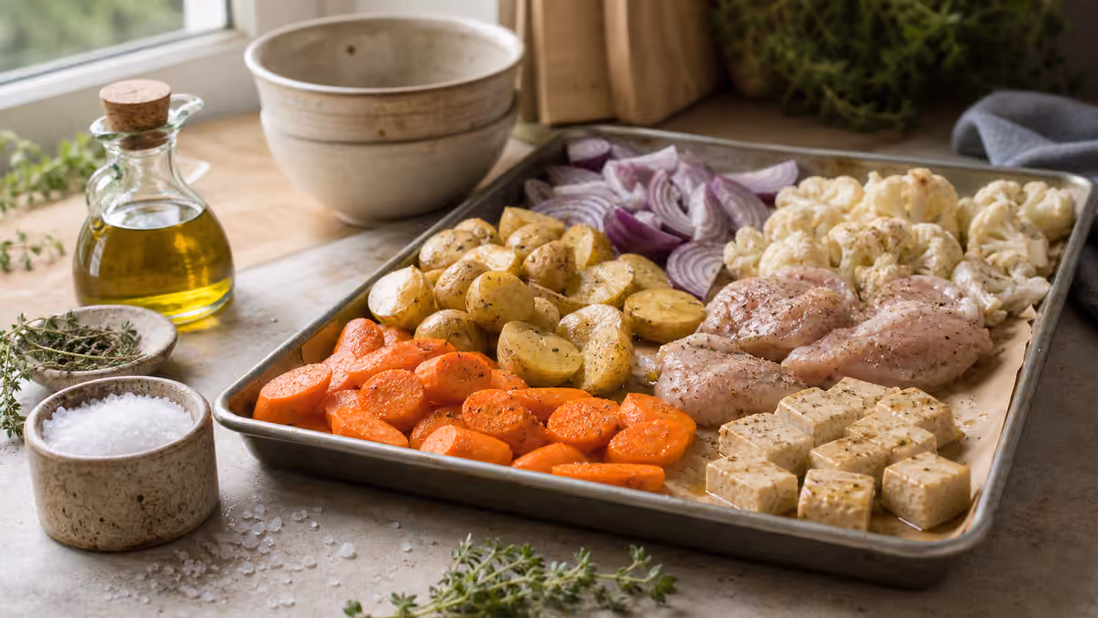 A sheet pan with vegetables, tofu, chicken, herbs, olive oil, and a ceramic salt cellar.