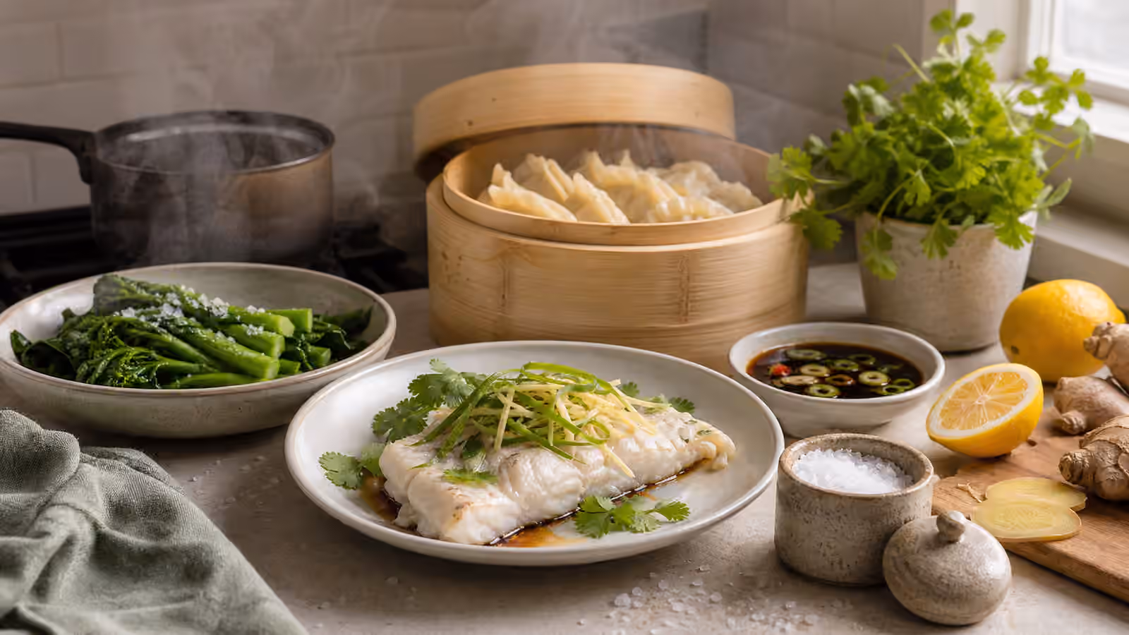 Steamed fish, green vegetables, dumplings, dipping sauce, ginger, lemon, herbs, and a salt cellar.