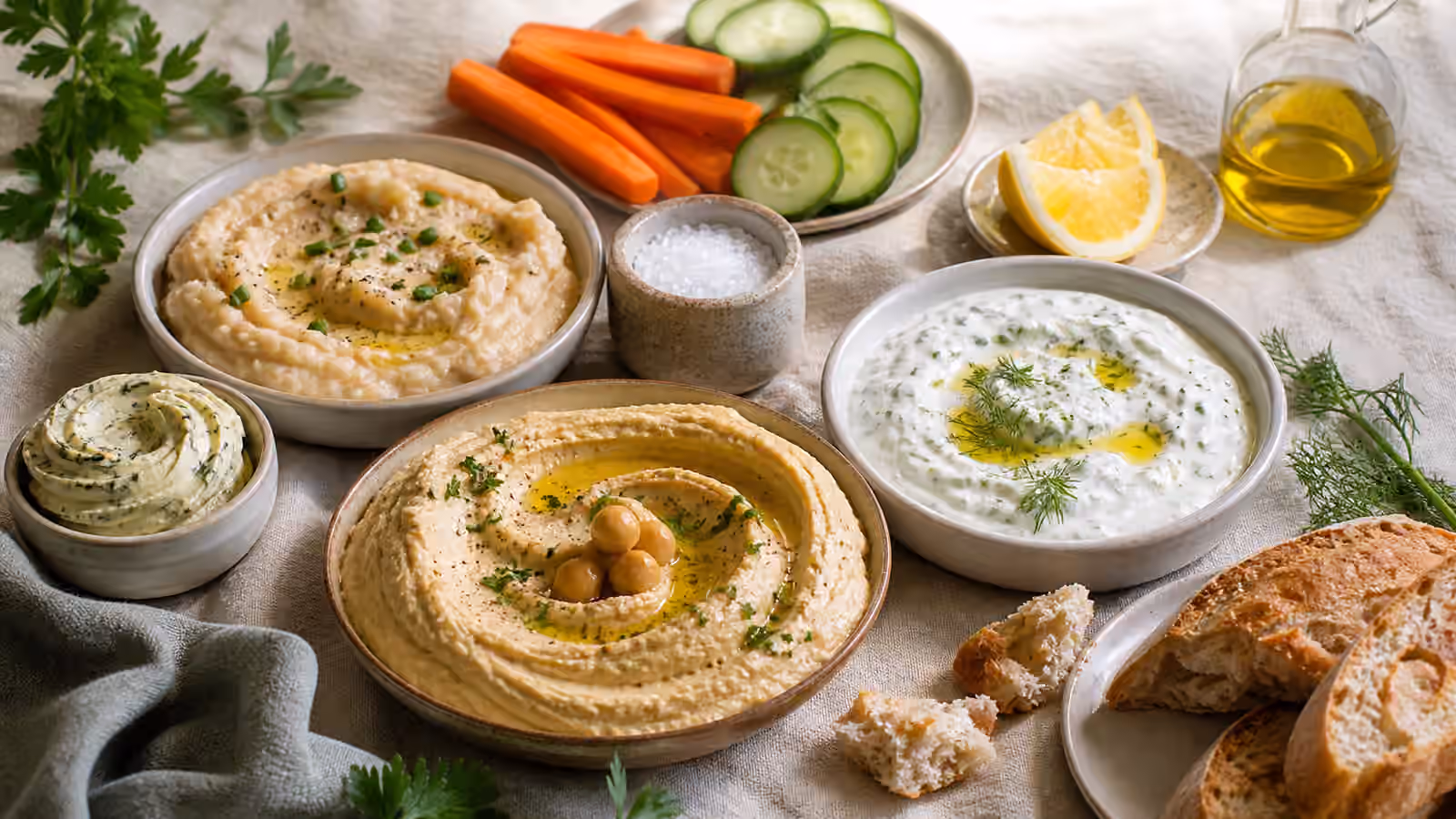 Bowls of hummus, yogurt dip, bean spread, herbed butter, vegetables, bread, and a salt cellar.