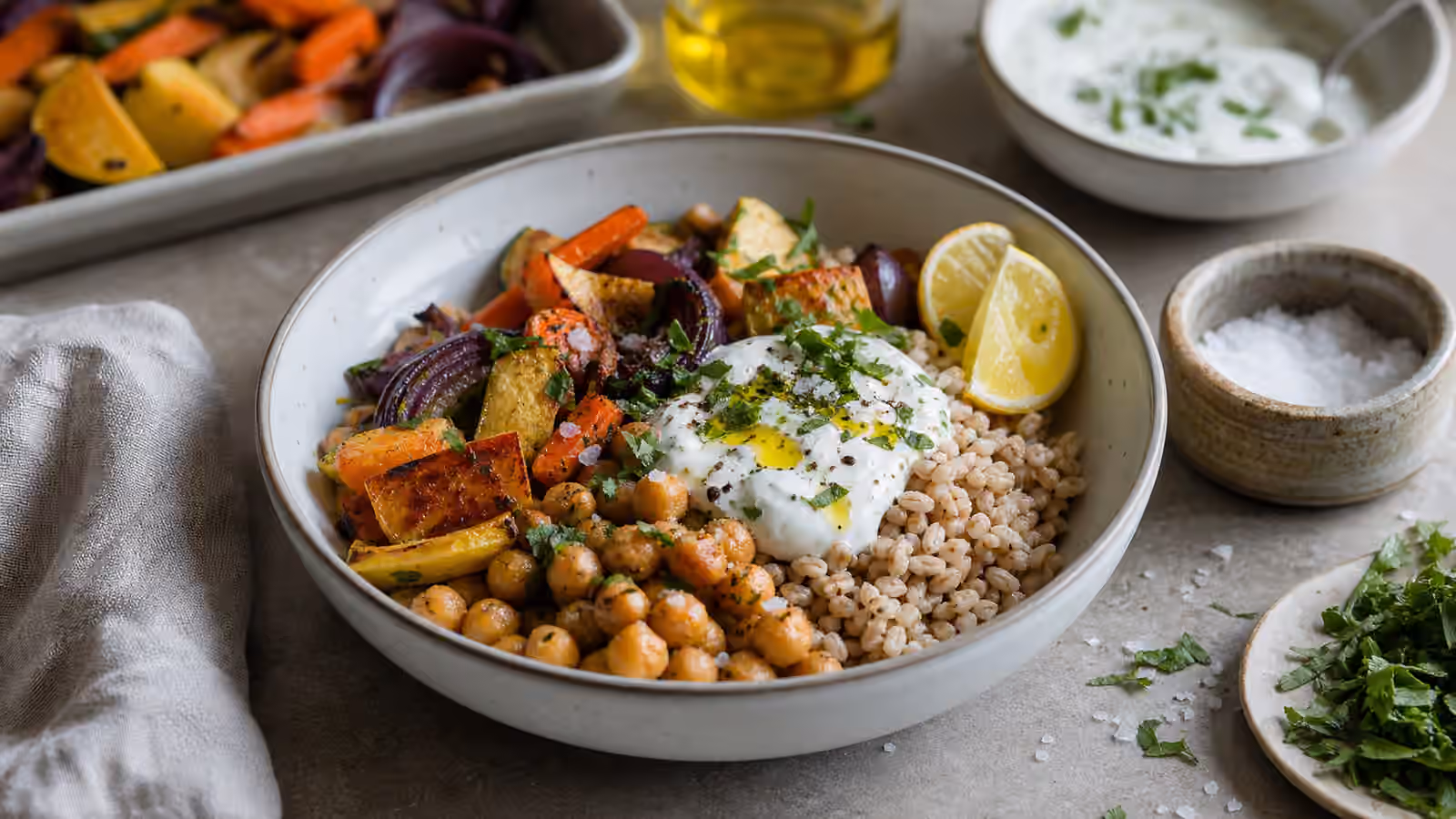 A composed grain bowl with roasted vegetables, chickpeas, yogurt sauce, herbs, lemon, olive oil, and a small salt cellar.