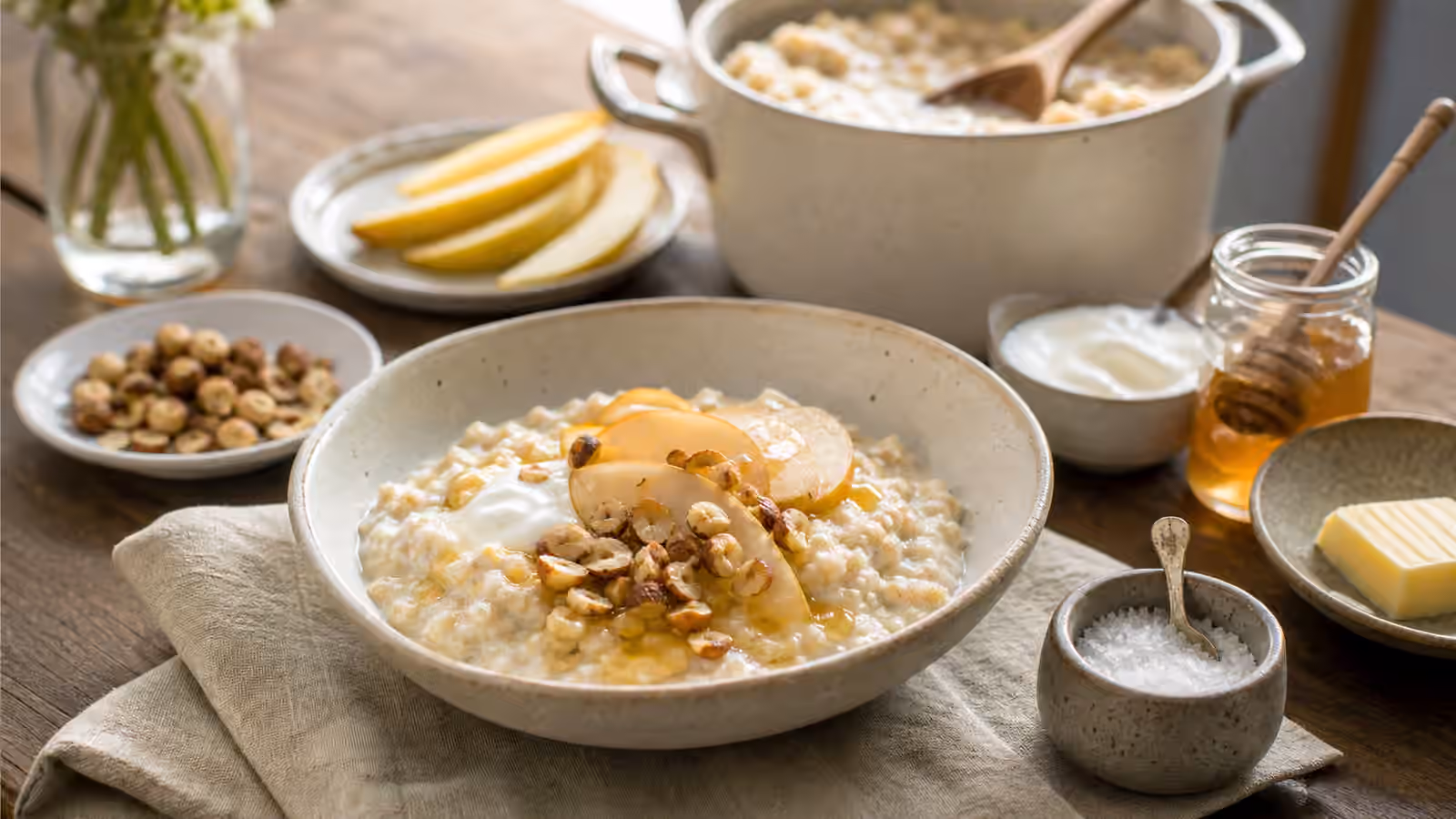A bowl of creamy breakfast porridge with toasted nuts, fruit, honey, butter, yogurt, and a small salt cellar on a morning table.