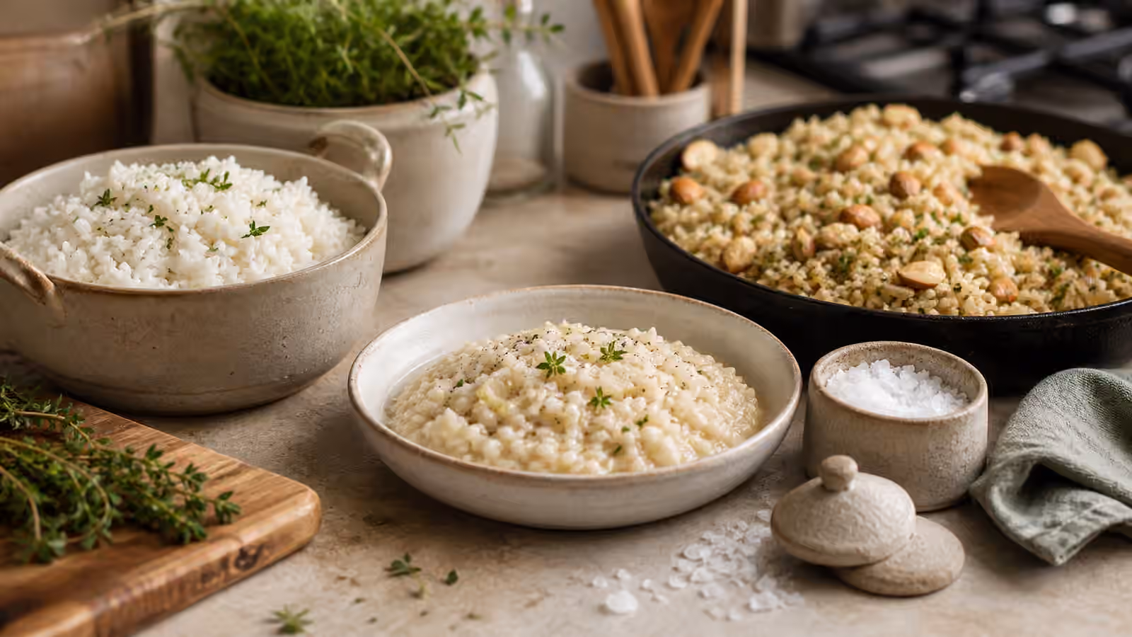 Bowls of rice, risotto, pilaf, herbs, and a ceramic salt cellar on a kitchen counter.