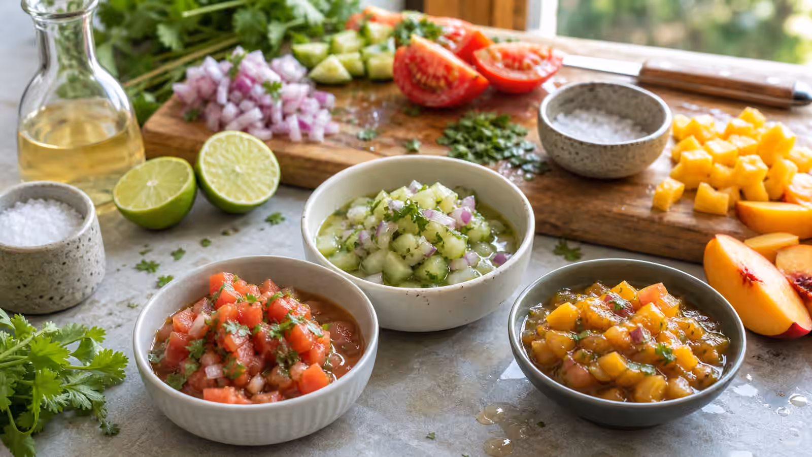 Bowls of fresh tomato salsa, cucumber relish, fruit chutney, chopped herbs, lime, vinegar, and a small salt cellar on a kitchen counter.