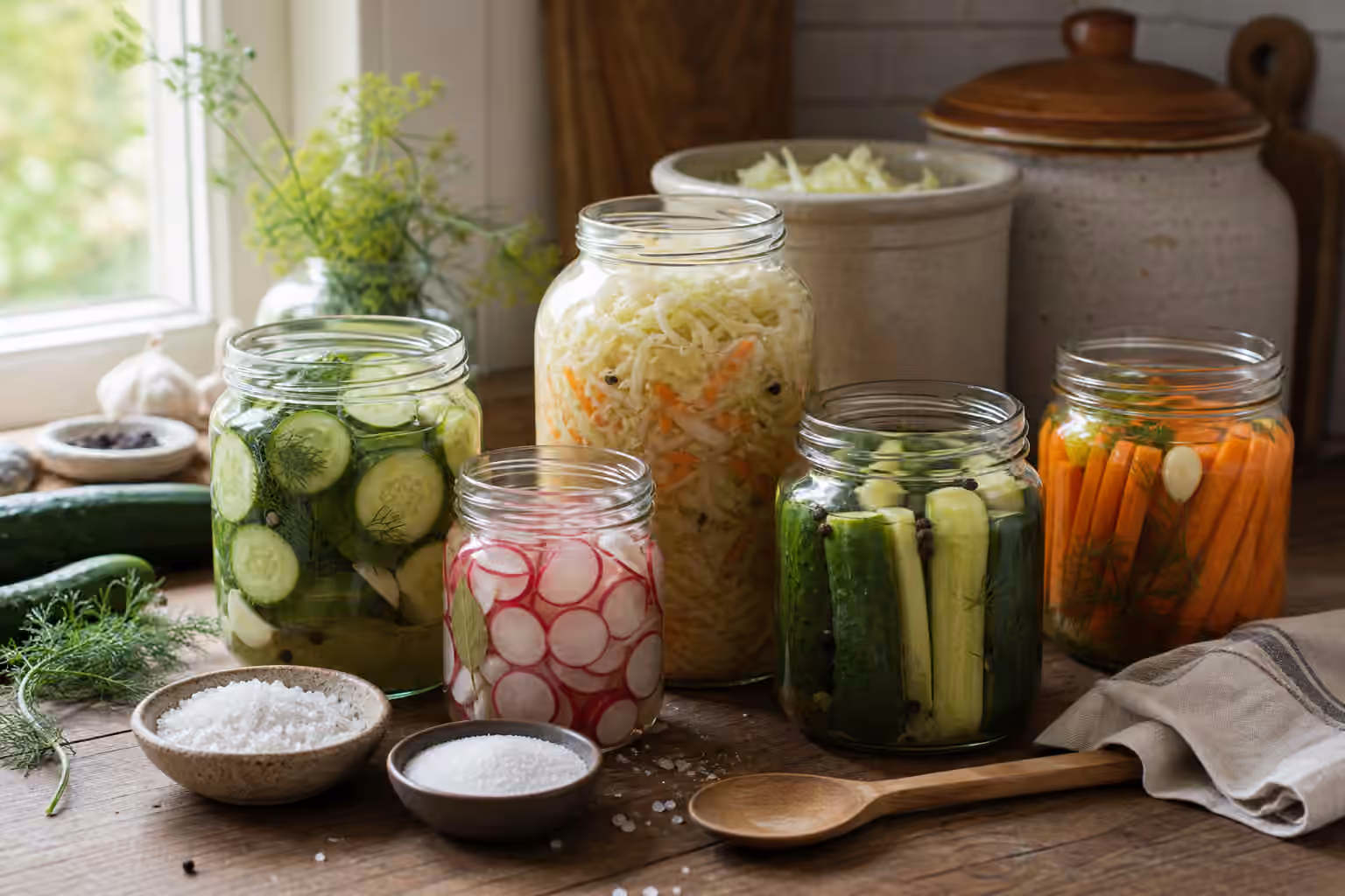 Glass jars of cucumbers, cabbage, carrots, and radishes in brine beside bowls of coarse and fine salt on a kitchen counter.