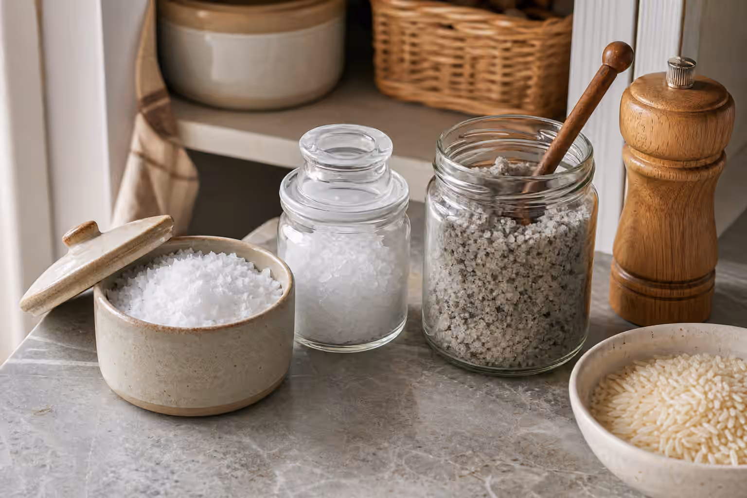 Kitchen counter with a lidded salt cellar, glass jars of white and gray sea salt, a wooden salt mill, and a small bowl of rice.