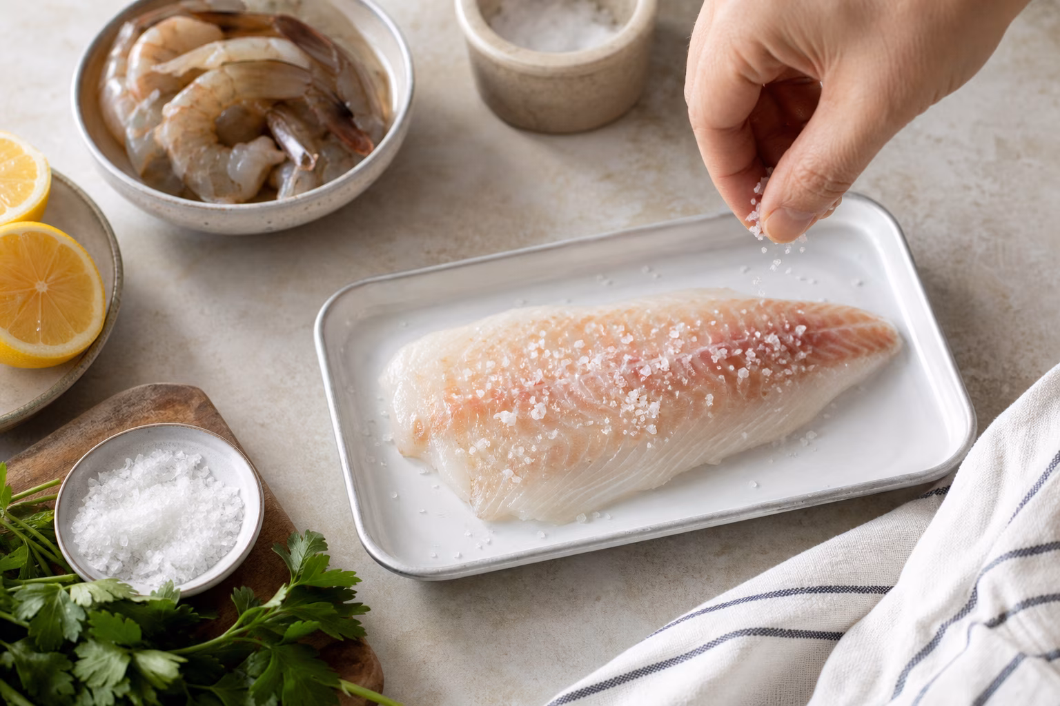 A hand sprinkles coarse salt over a fresh white fish fillet beside shrimp, lemon, herbs, and a salt cellar on a kitchen counter.