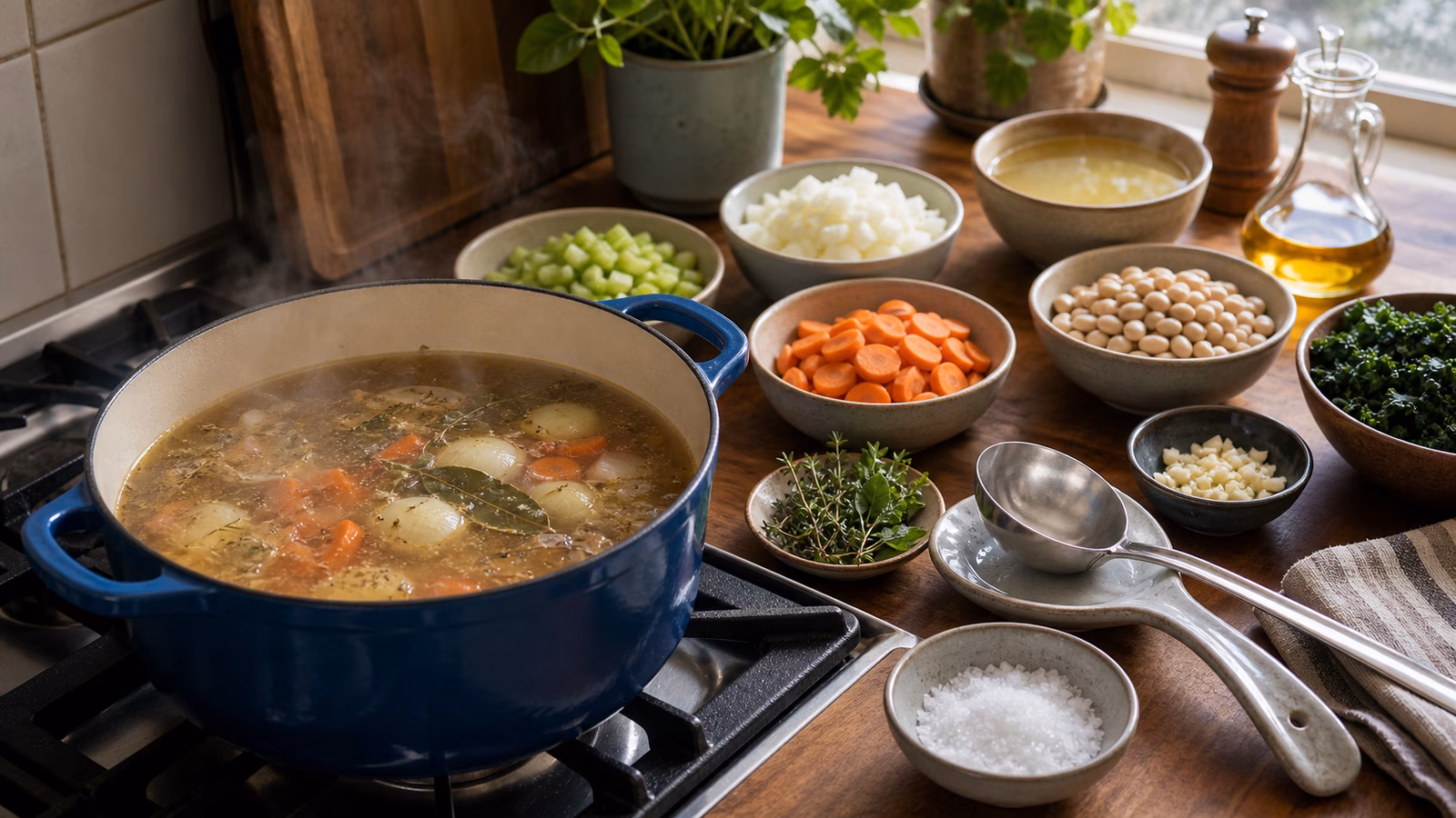 A home kitchen stove with a pot of soup simmering beside chopped vegetables, herbs, beans, coarse salt, a ladle, and a tasting spoon