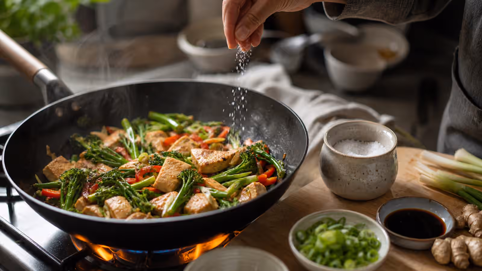 A hot skillet of glossy vegetables, tofu, scallions, ginger, soy-based sauce, and a small salt cellar beside the stove.
