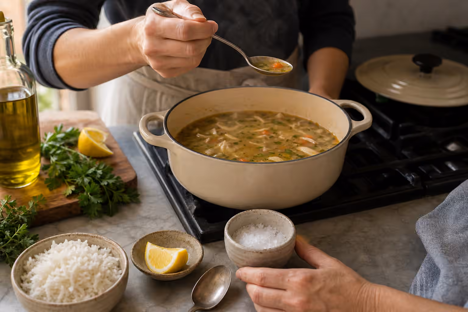 Hands tasting soup from a spoon beside a pot, salt cellar, lemon, olive oil, herbs, and a bowl of rice.