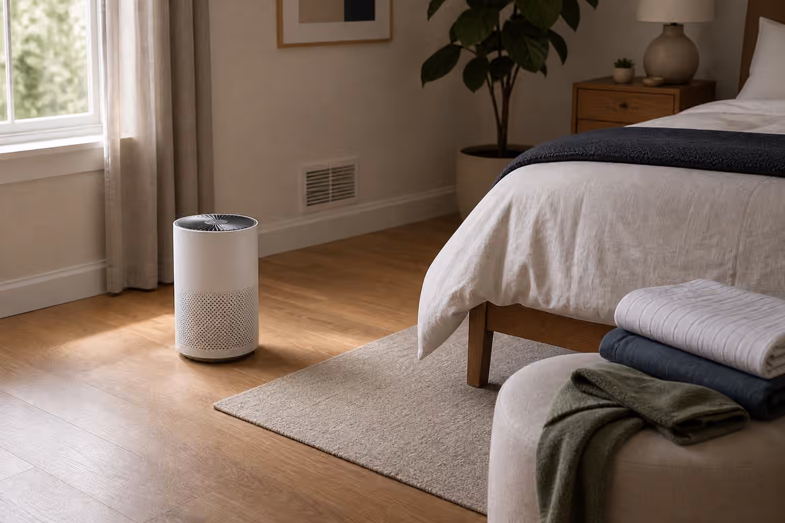 A small air purifier placed with open floor space beside a clean bed and folded bedding.