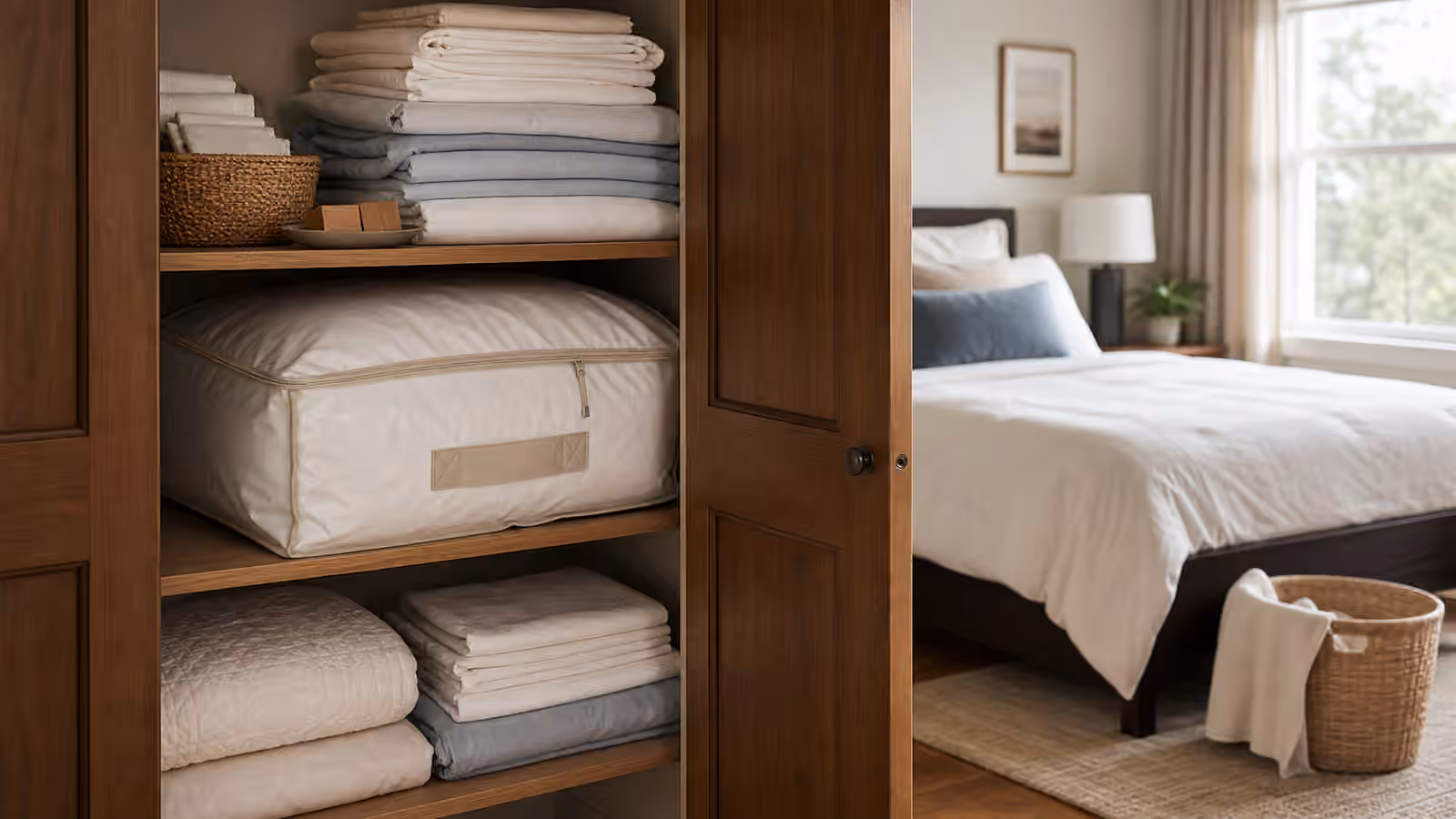 A linen closet with folded sheets, pillow protectors, a duvet bag, simple baskets, and a calm bedroom nearby.