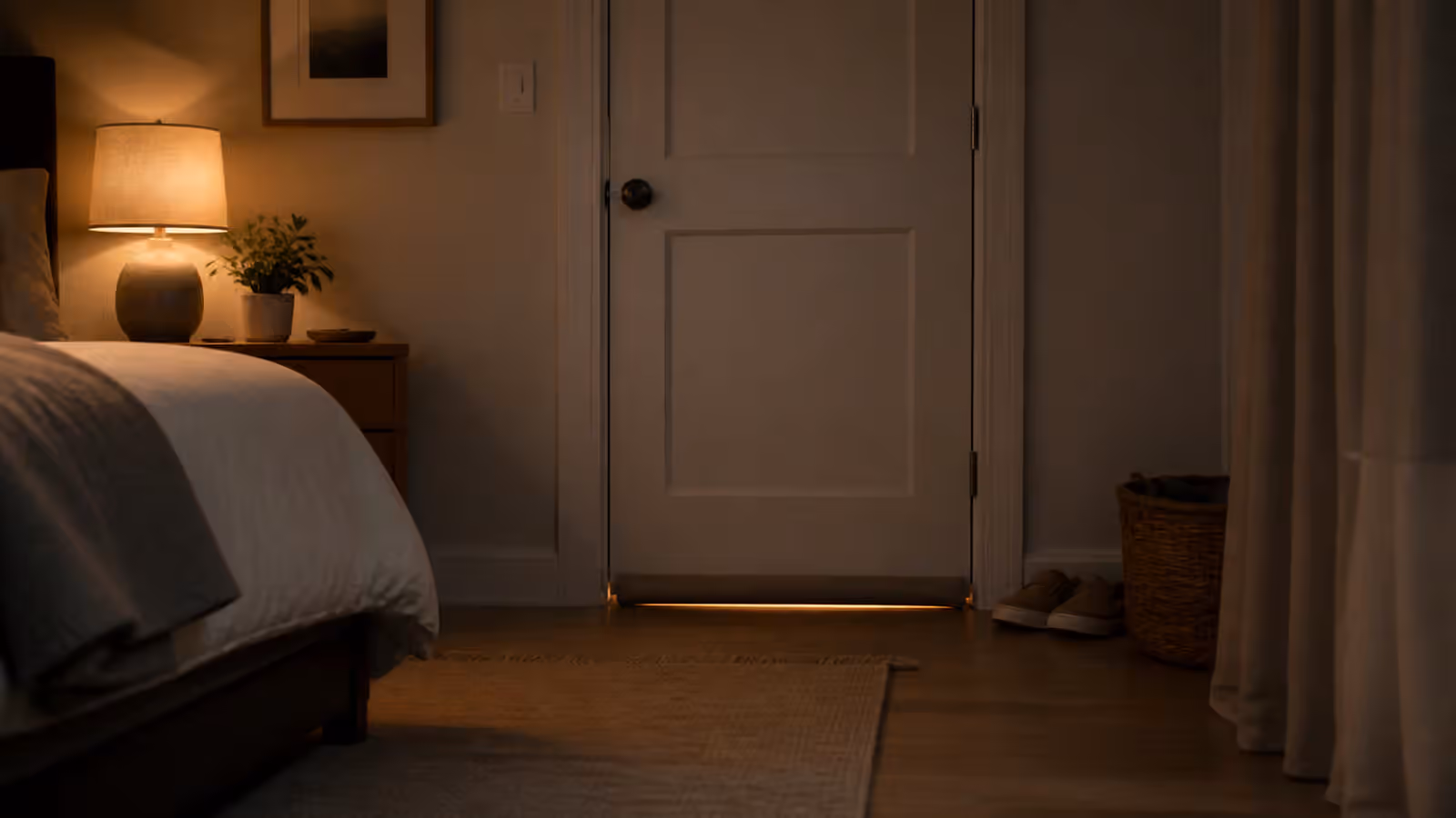 A dim bedroom with a closed door, subtle hallway light at the bottom gap, draft stopper, rug, and bedside lamp.