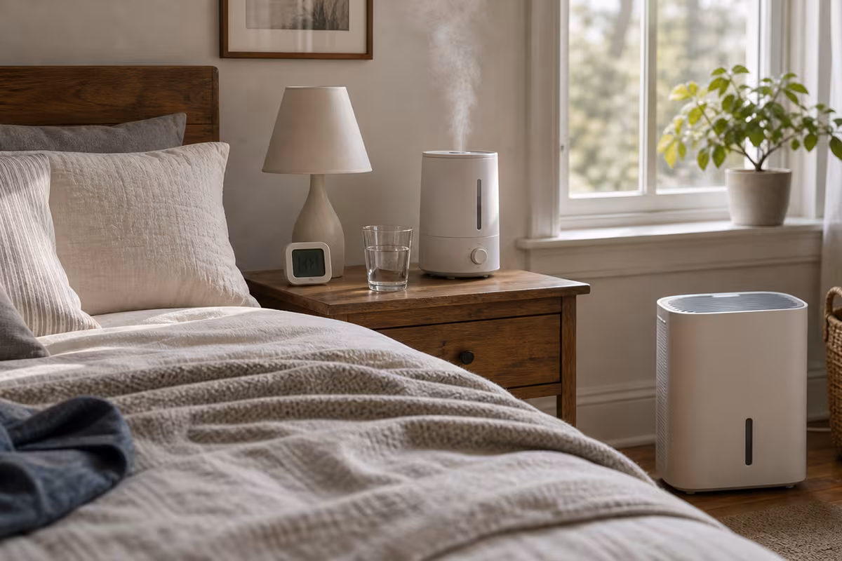 A calm bedroom with layered bedding, a nightstand, an indoor humidity monitor, a small humidifier, a small dehumidifier, and soft morning light