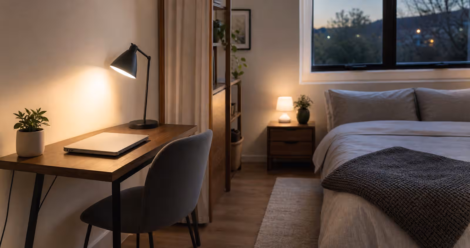 A compact bedroom with a small desk in one corner, a tidy bed, closed laptop, clear cables, and a simple visual boundary.