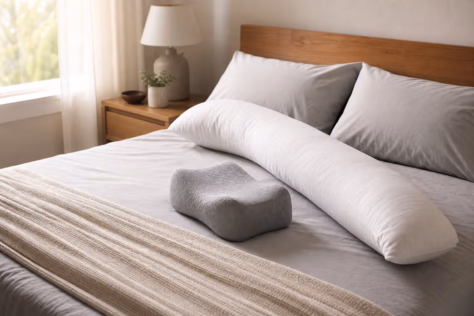 A neatly made bed with a body pillow and small knee pillow arranged for side-sleeping support.