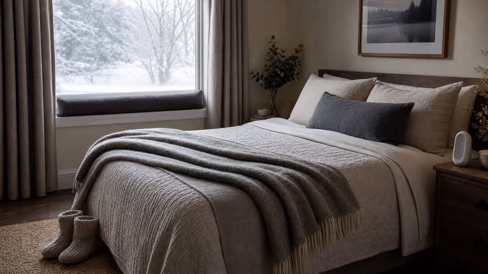 A cold-weather bedroom with layered blankets, closed curtains, a draft stopper, socks, and a calm nightstand.