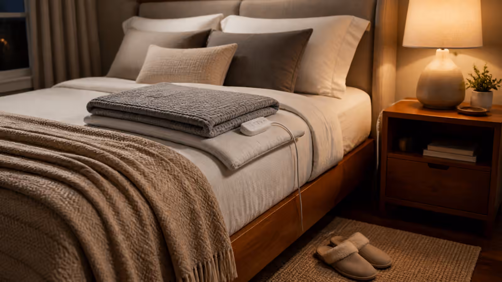 A cozy bedroom with layered bedding, a folded heated blanket, blank controller, routed cord, and warm bedside lamp.