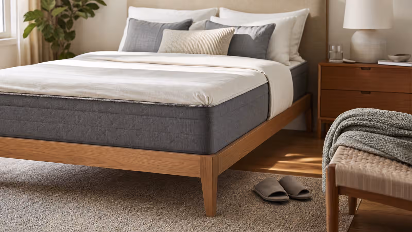 A calm bedroom with a visible mattress edge, stable frame, bench, slippers, and clear floor path.