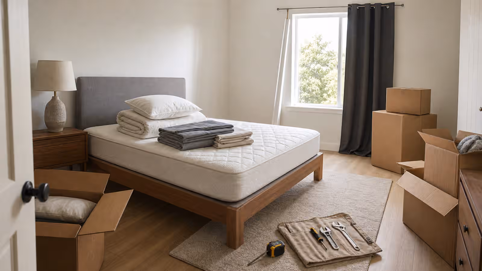 A newly moved bedroom with a made mattress, folded bedding, lamp, curtain panel, tool roll, boxes, and clear path.
