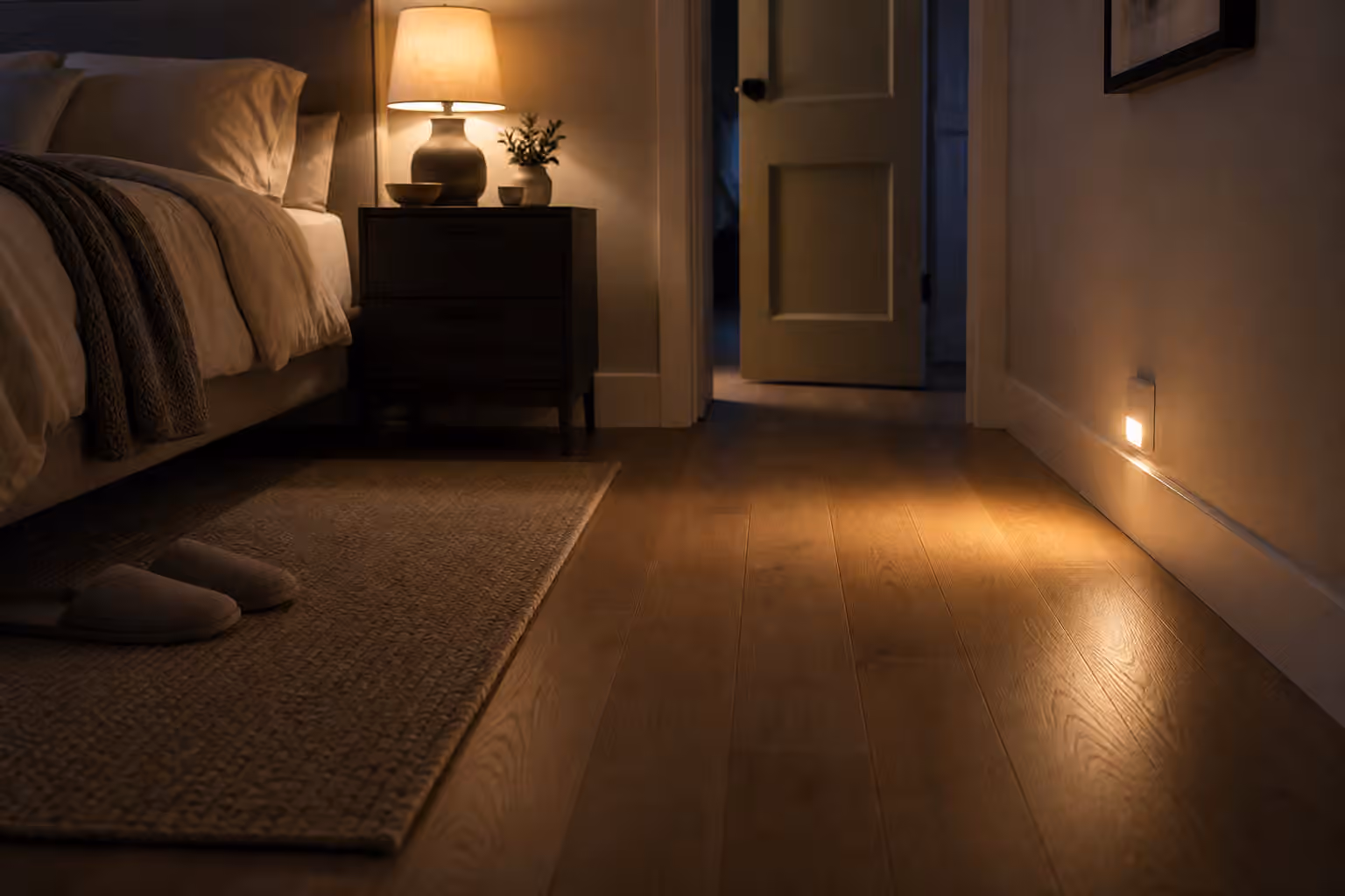 A dim bedroom with low warm path lighting, a clear floor route from the bed to the door, and a simple rug.