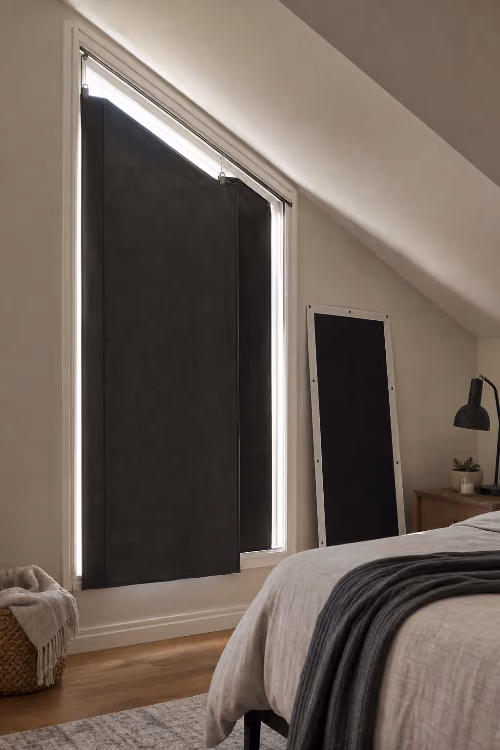 An angled bedroom window with dark blackout fabric and a removable light-blocking panel.
