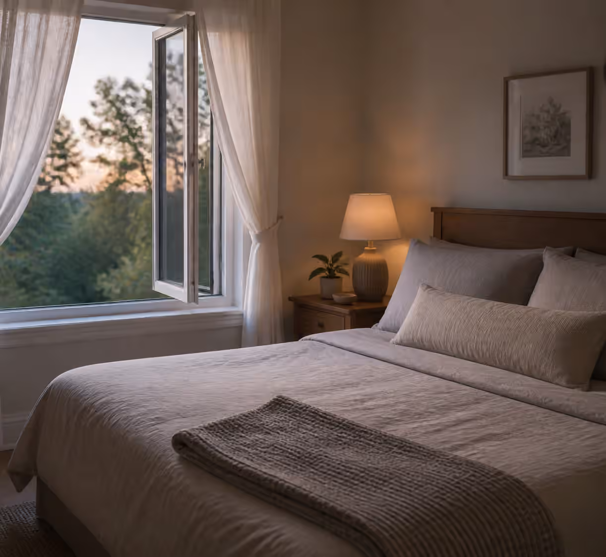 A calm bedroom with an open window, light curtains, and bedding arranged away from direct drafts.