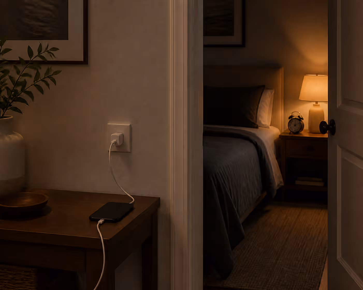 A phone charging on a hallway console outside a quiet bedroom with an analog alarm clock by the bed.