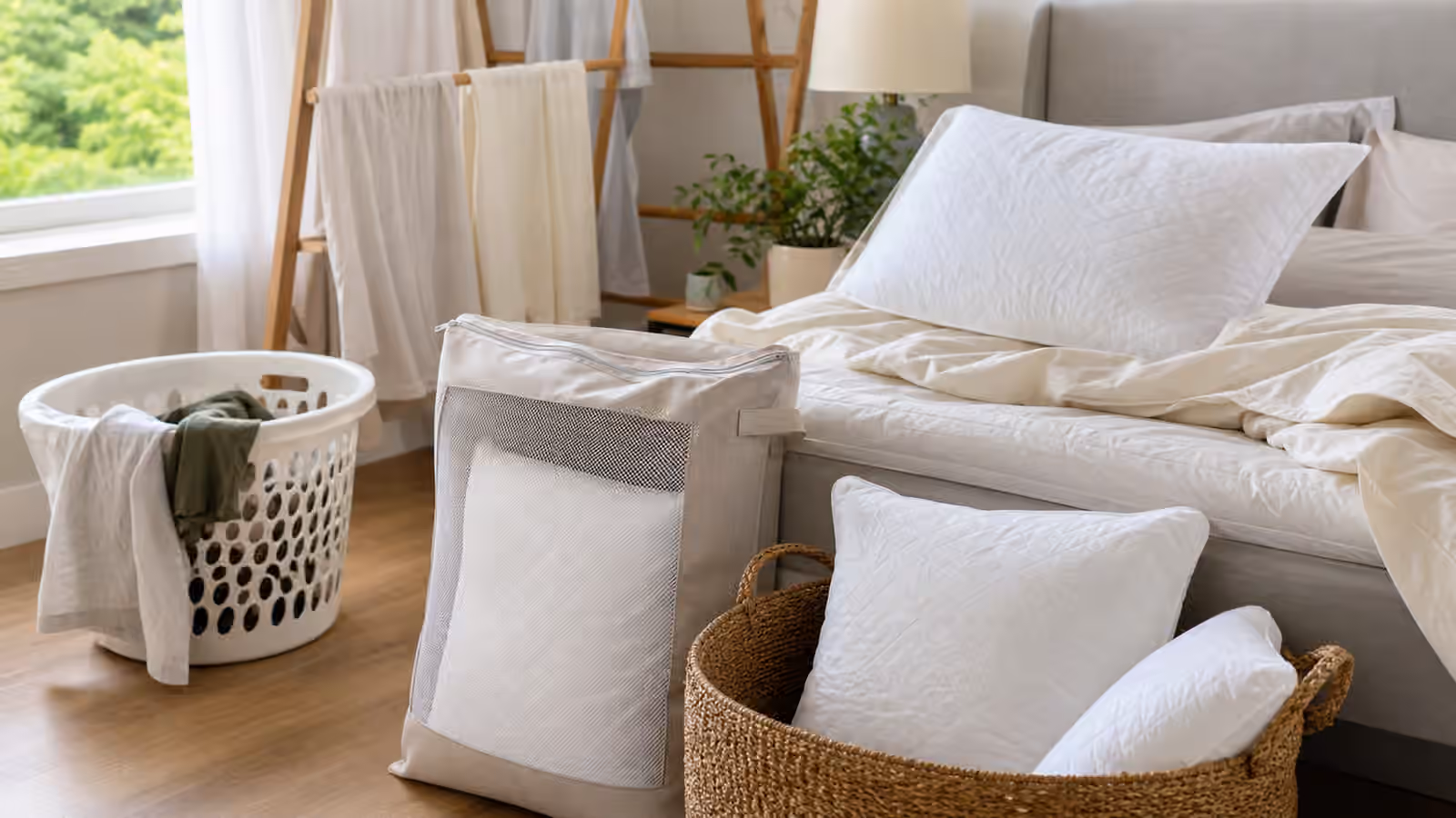 Clean pillows in protective covers beside a laundry basket, breathable storage bag, and a partly made bed.