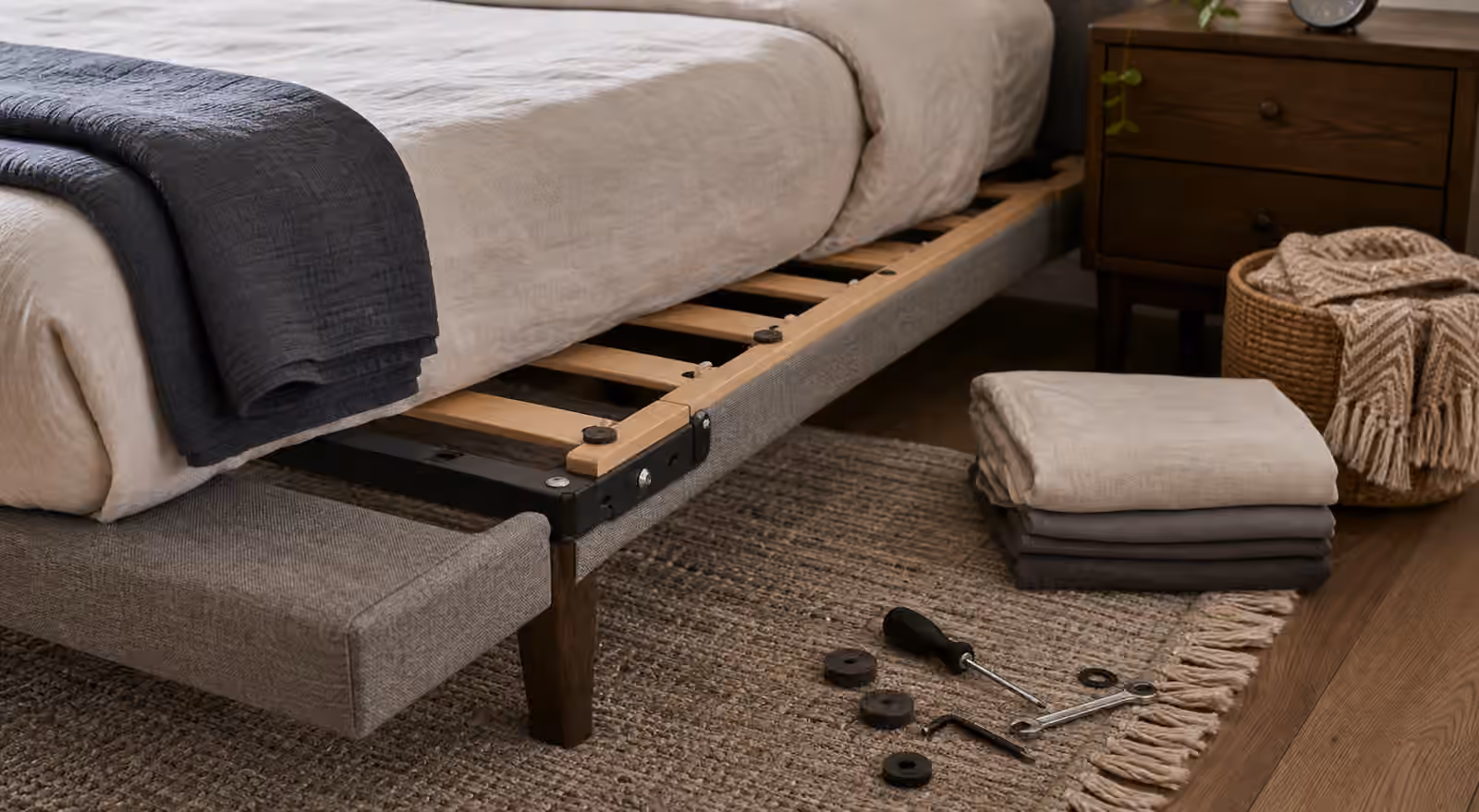 A bed frame corner with exposed slats, folded bedding, small hand tools, and soft pads on a calm bedroom floor.