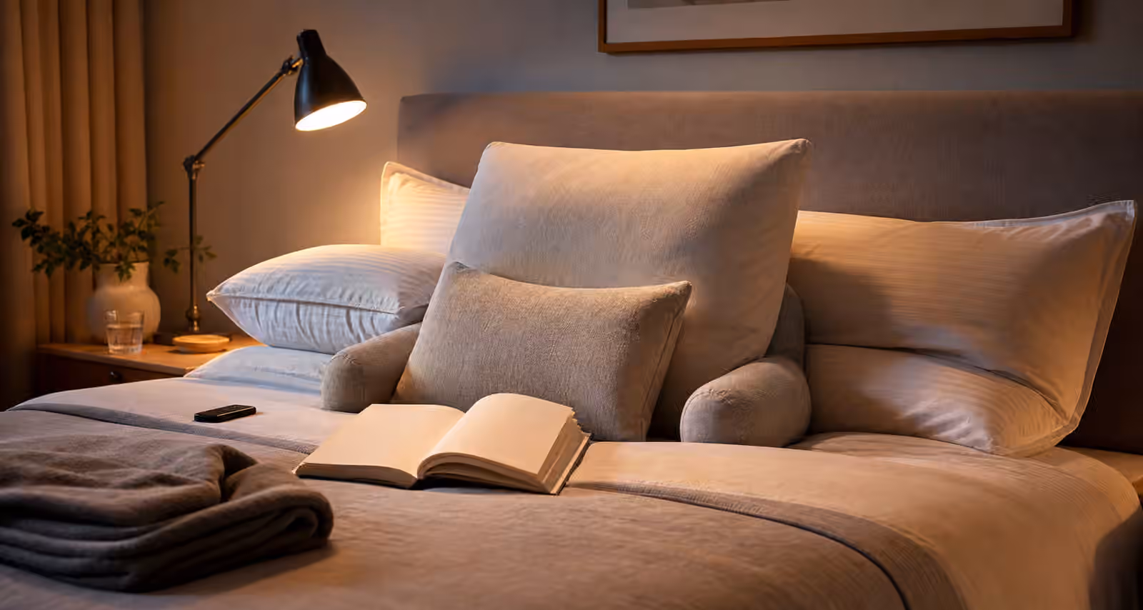 A tidy bed with layered support pillows, a warm reading lamp, folded blanket, remote, and a blank open book.