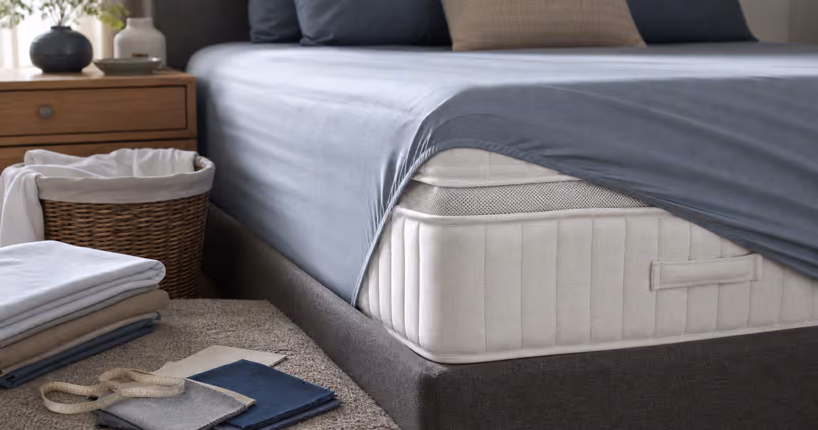 A fitted sheet corner pulled over a thick mattress with folded spare sheets, fabric swatches, and a laundry basket nearby.