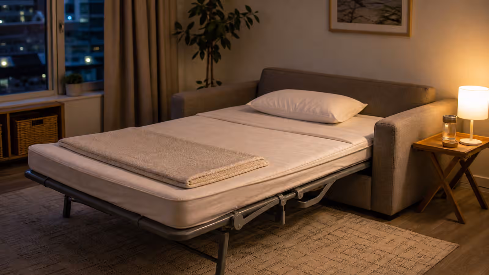 A small living room with an opened sofa bed, fitted sheet, thin topper, pillow, folded blanket, tray, and lamp.