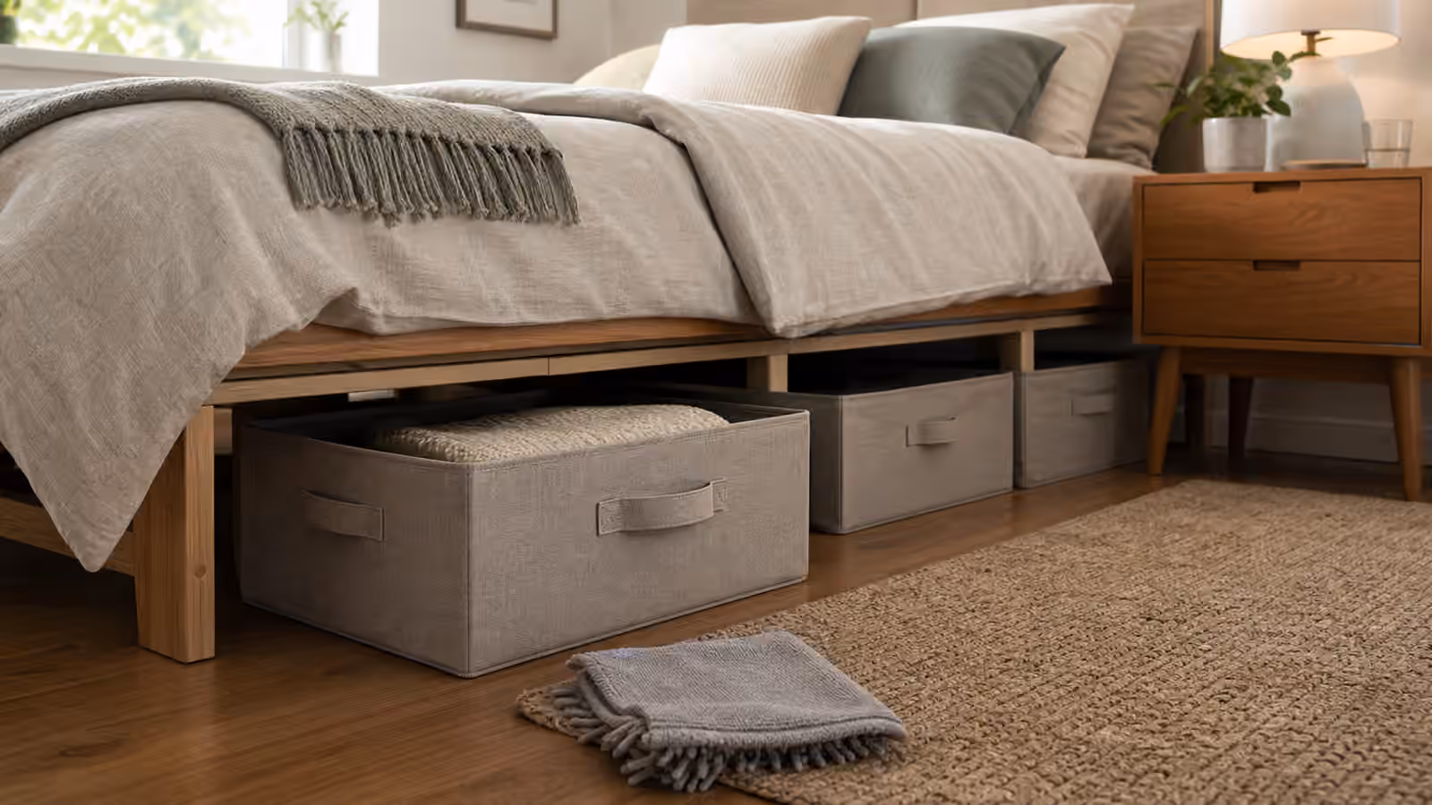 A small bedroom with low fabric bins under a bed, visible airflow clearance, rug, nightstand, and dust cloth.