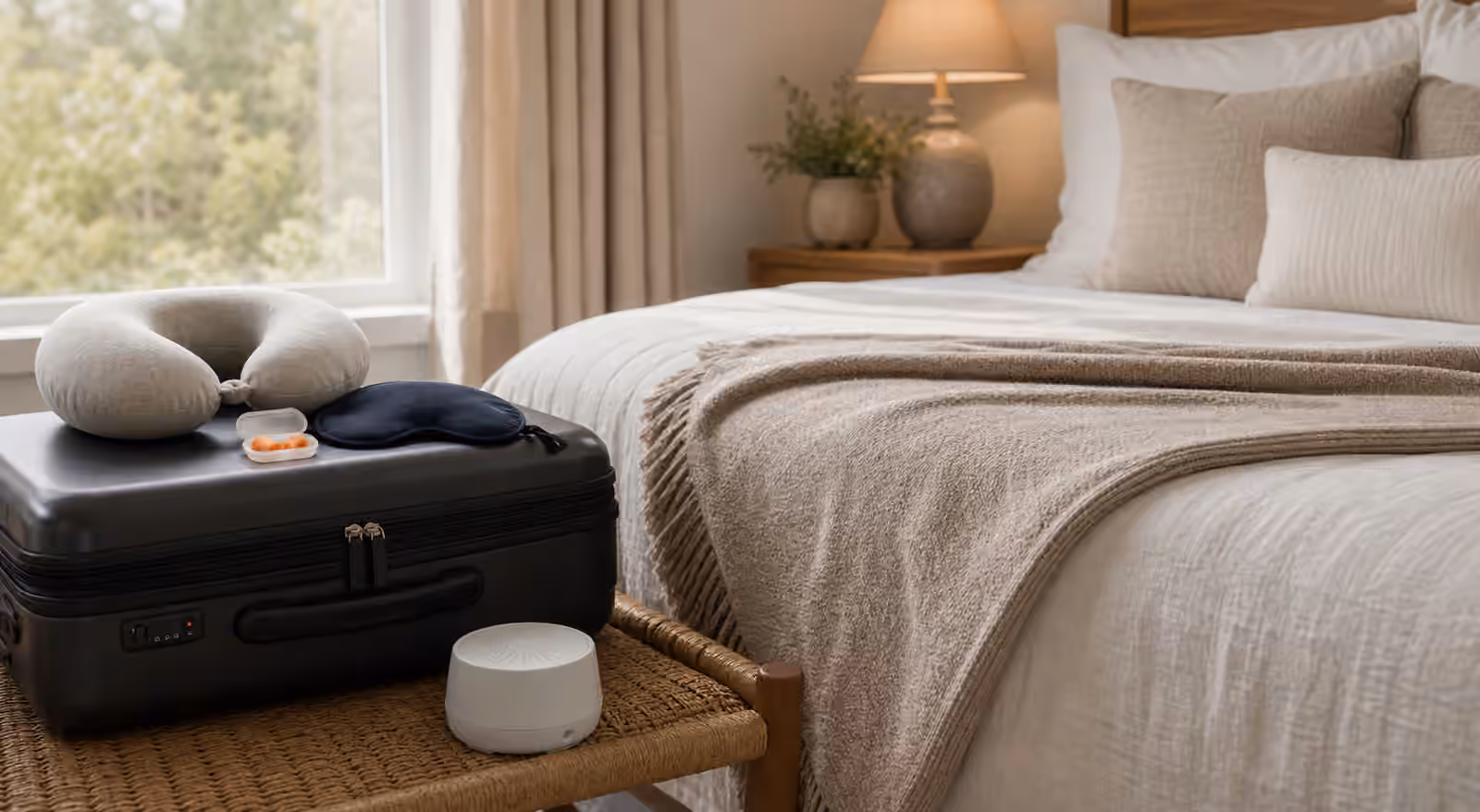 A tidy vacation rental bedroom with a suitcase on a bench, travel sleep items, curtains, lamp, and neutral bedding.
