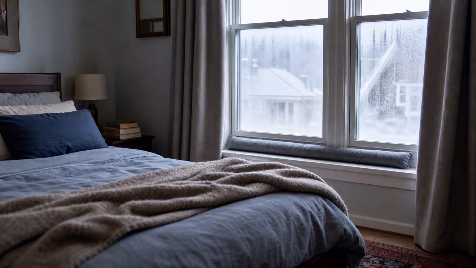 A calm bedroom with a bed near a cool window, closed curtains, layered bedding, and faint condensation on the glass.