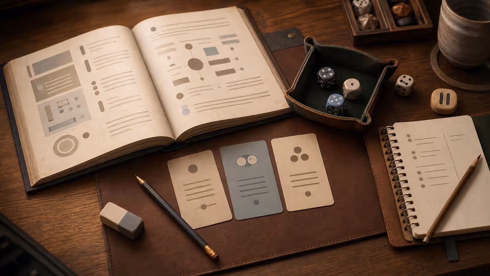A solo rules decision desk with an unbranded rulebook, dice, neutral ruling cards, an eraser, a pause marker, pencil, and notebook.