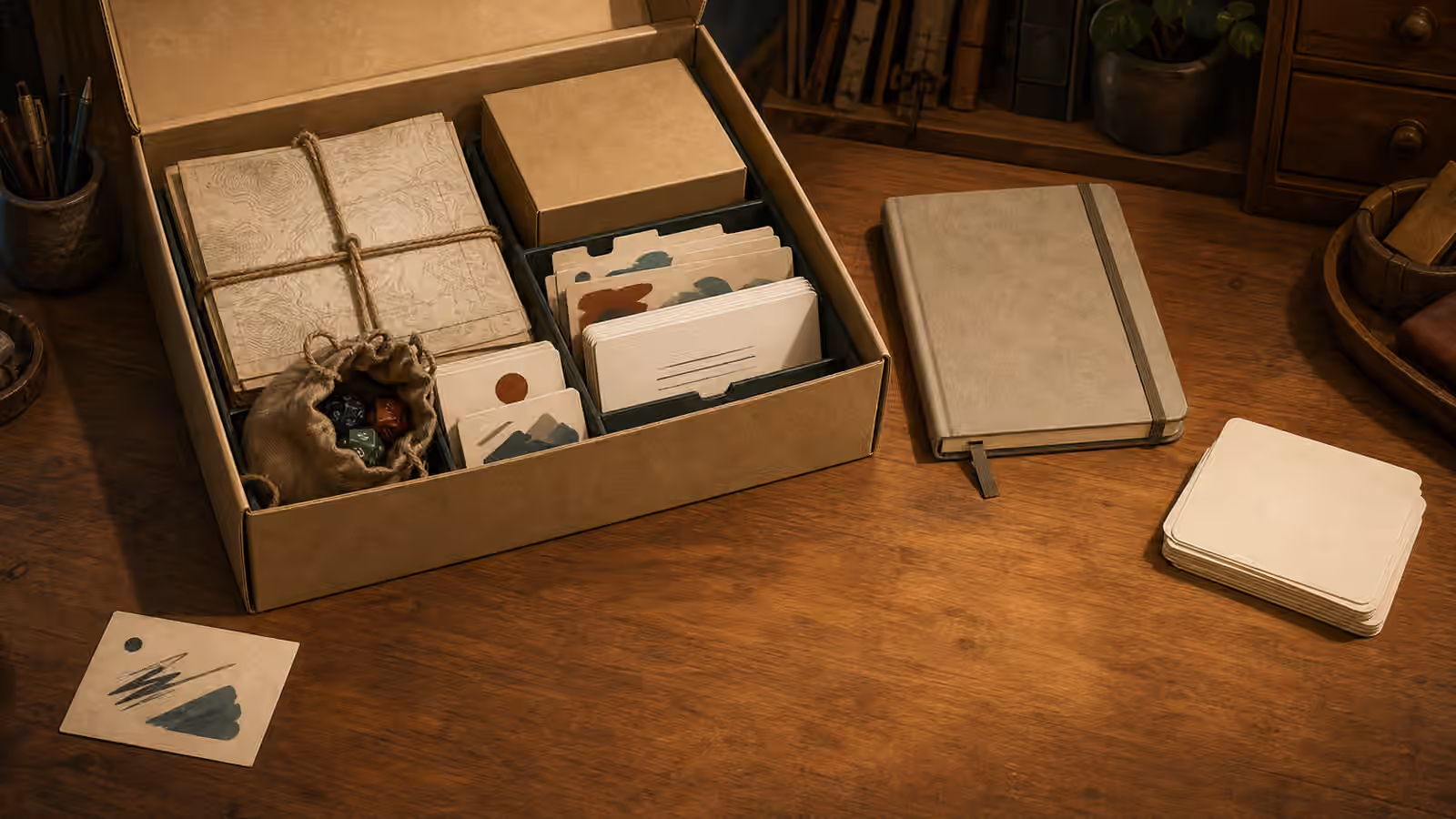 A retired solo campaign archive with a small unbranded storage box, closed notebook, blank epilogue cards, bundled map paper, dice bag, and clear table space.