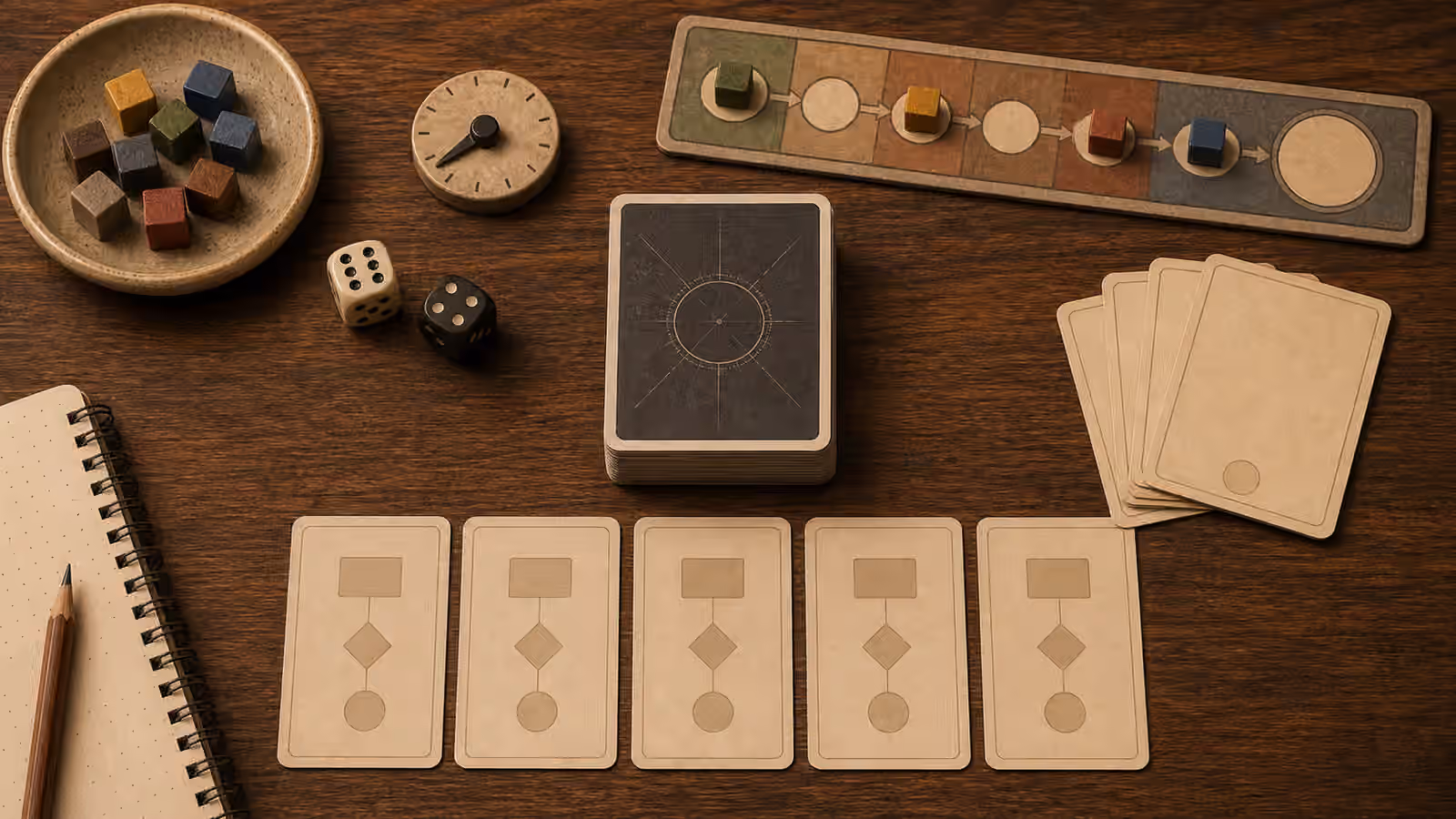 An automa opponent deck setup with blank behavior cards, dice, cubes, a dial, notebook, and an abstract board track.