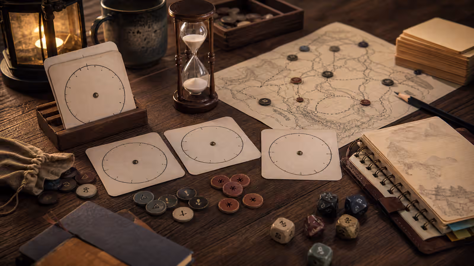 A solo RPG pacing workspace with blank circular clock cards, sand timer, threat tokens, route map paper, dice, index cards, and notebook.