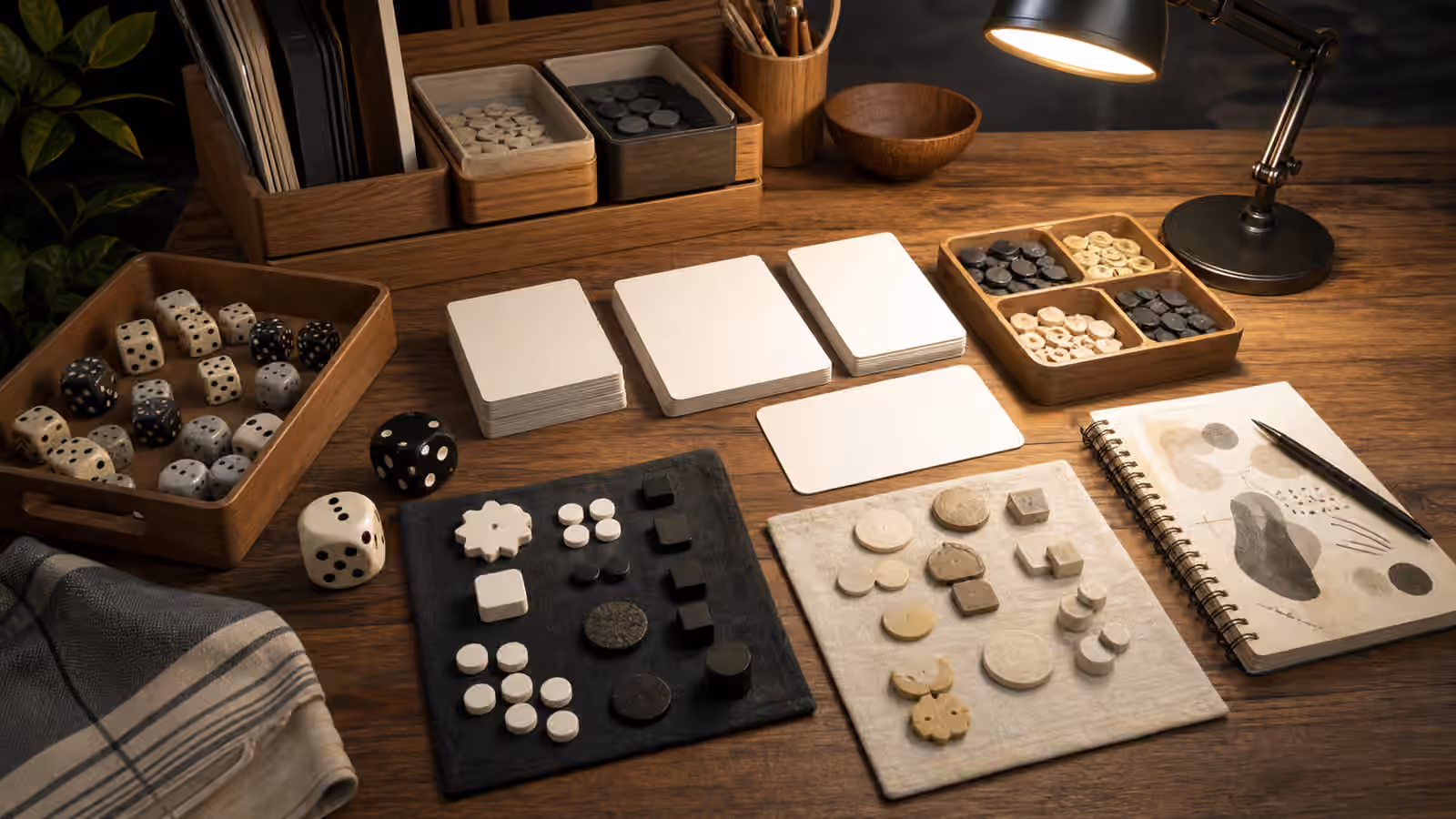 A high-contrast solo tabletop setup with blank cards, large dice, pale and dark tokens, cloth swatches, trays, lamp, and notebook.